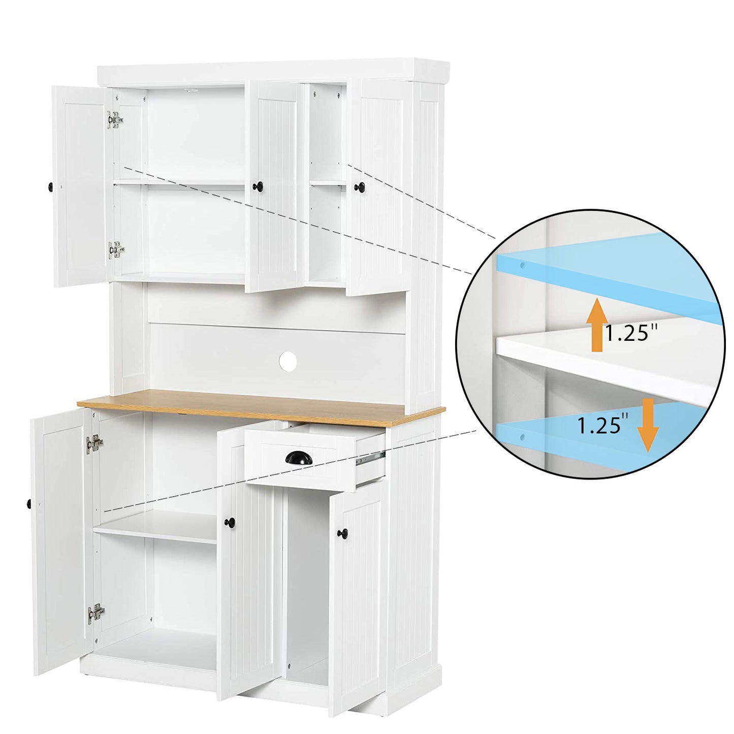 71" Kitchen Pantry Storage Cabinet with Microwave Oven Countertop, Freestanding Hutch Cabinet with Adjustable Shelves, 6 Doors and 1 Drawer-White