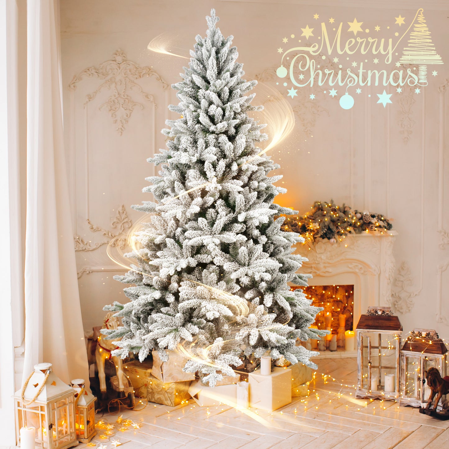 7FT PE & PVC Flocked Artificial Christmas Tree ,With 1514 branch tips and metal stand,Foldable Fake Tree with Realistic Snowy Foliage for Home Decoration