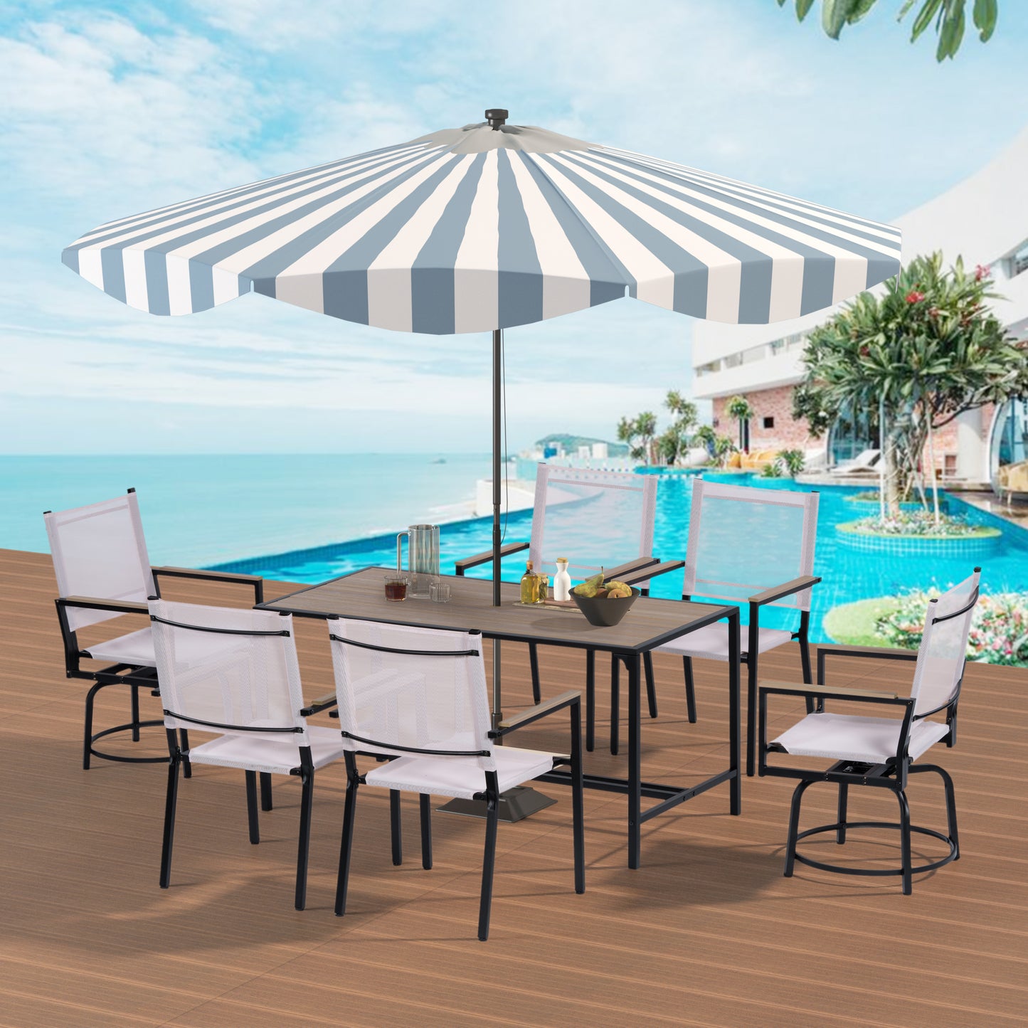 7 Piece Outdoor Patio Set/ Weather Resistance/ Wood Plastic Component/ WPC/ Swivel Chairs/ Al Fresco Dining Set/ Outdoor Dining Set/ Dining Table Set/ Bistro Table