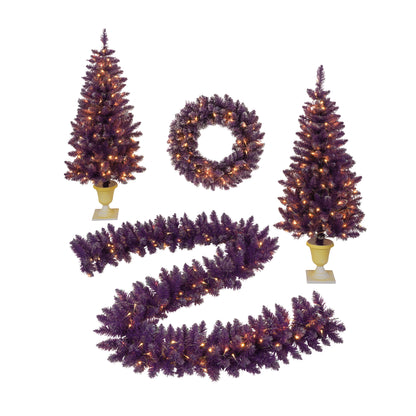 Pre-lit Christmas Artificial Tree 4-Piece Set, Garland, Wreath and Set of 2 Entrance Trees, X-mas with LED Lights, PVC Festival Celebration Set, Purple