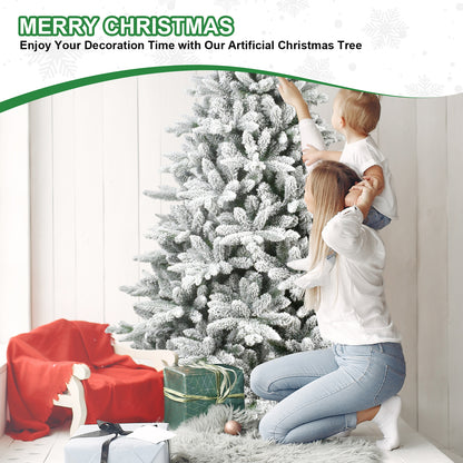 6FT PE&PVC Flocked Artificial Christmas Tree ,With 1100 branch tips and metal stand,Foldable Fake Tree with Realistic Snowy Foliage for Home Decoration