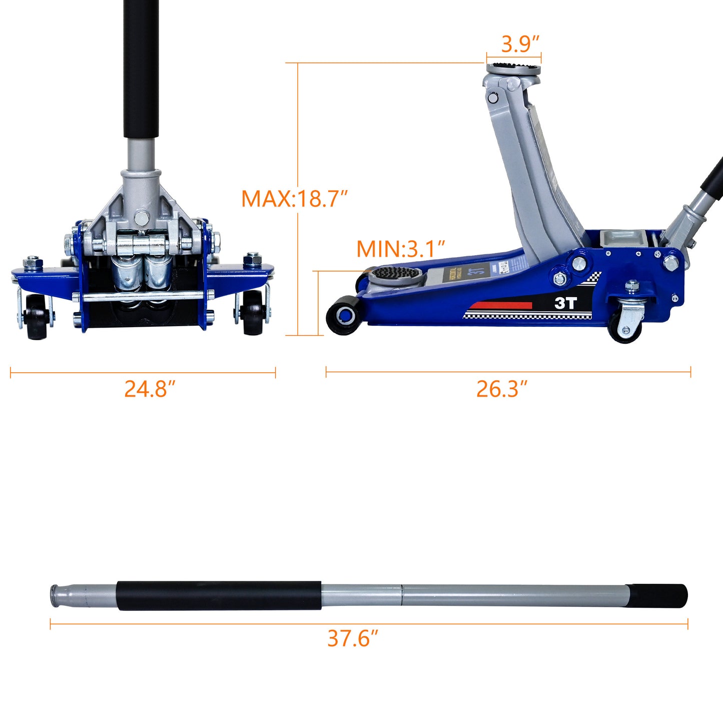 Low-Position Steel Vehicle Floor-mounted Hydraulic Jack with Dual-piston Quick-lift Pump, 3-Ton(6600 lb.) Capacity.