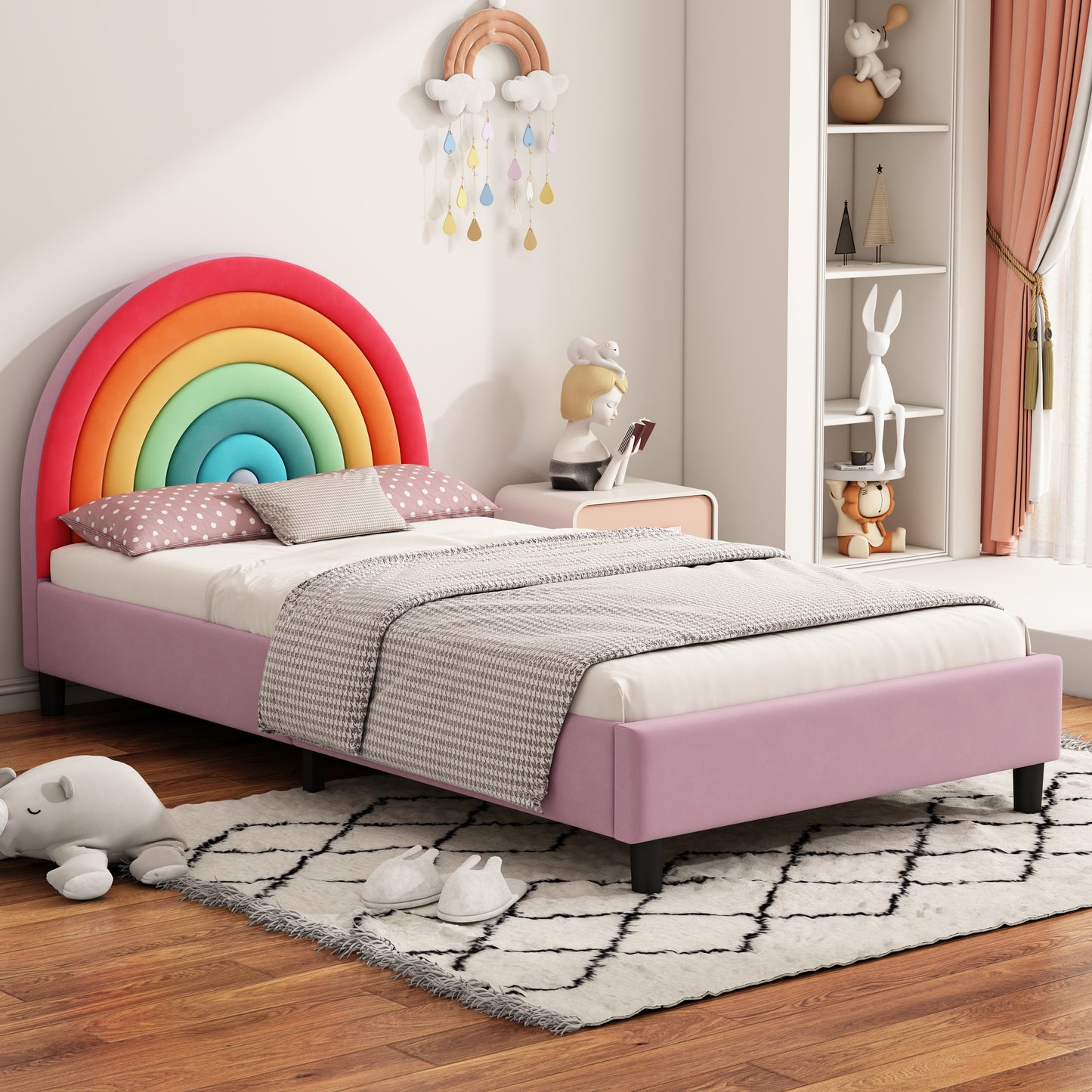 Rainbow Design Upholstered Twin Platform Bed Cute Style Princess Bed for Boys & Girls, Teens, Colorful & Pink