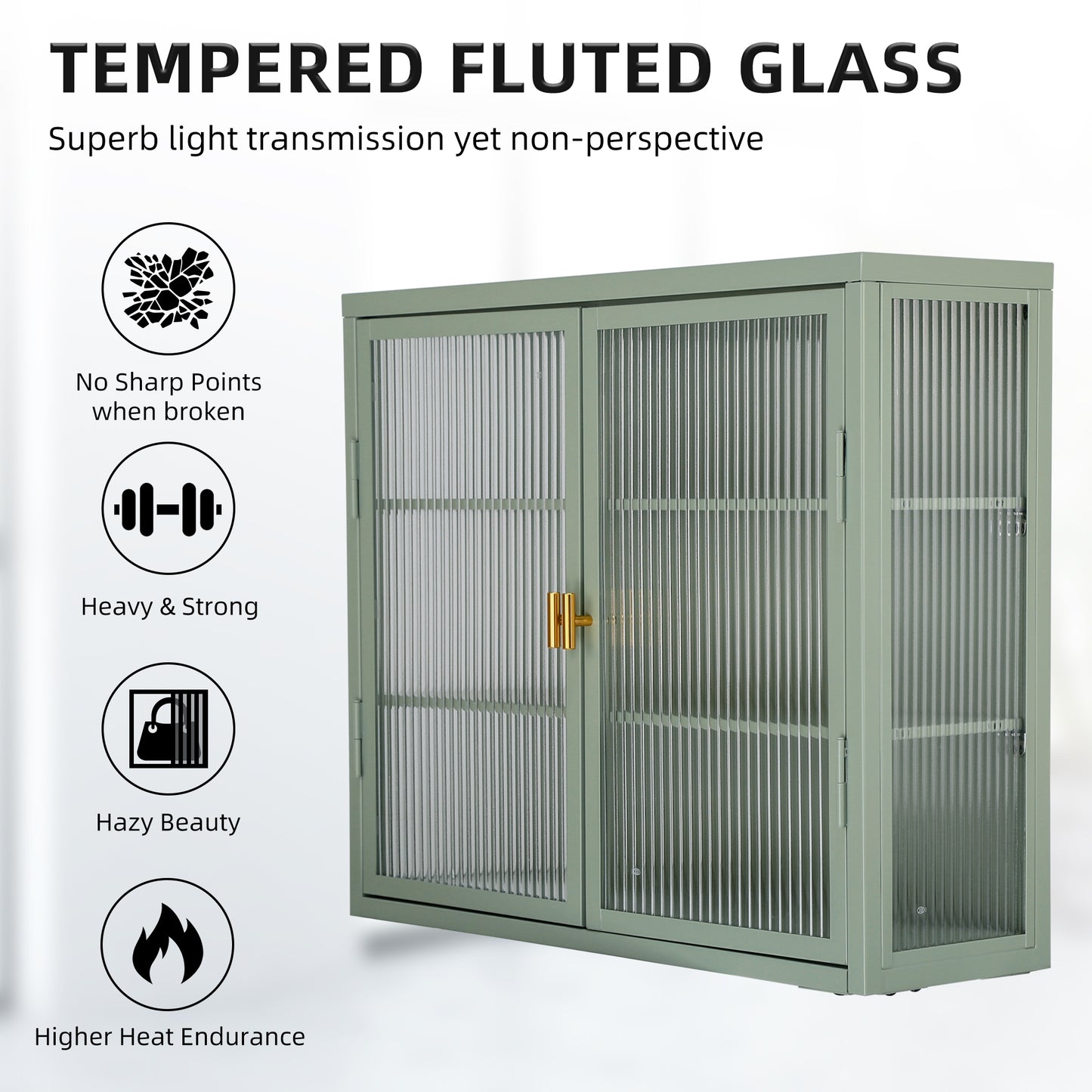 Retro Style Haze Double Glass Door Wall Cabinet With Detachable Shelves for Office, Dining Room,Living Room, Kitchen and Bathroom Mint Green(=OLD ITEM CODE W68751725)