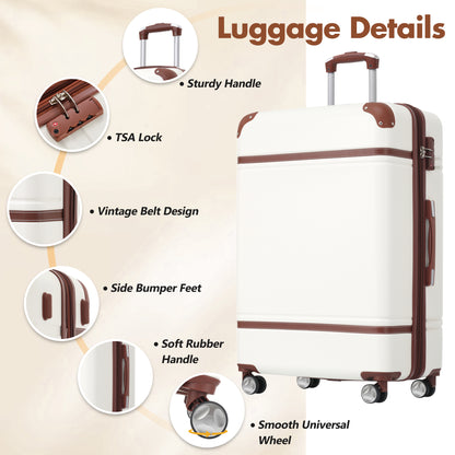 Hardshell Luggage Sets with Bags Lightweight Suitcase Double Spinner Wheels with TSA Lock ,Single Vintage Luggage 24 IN,White