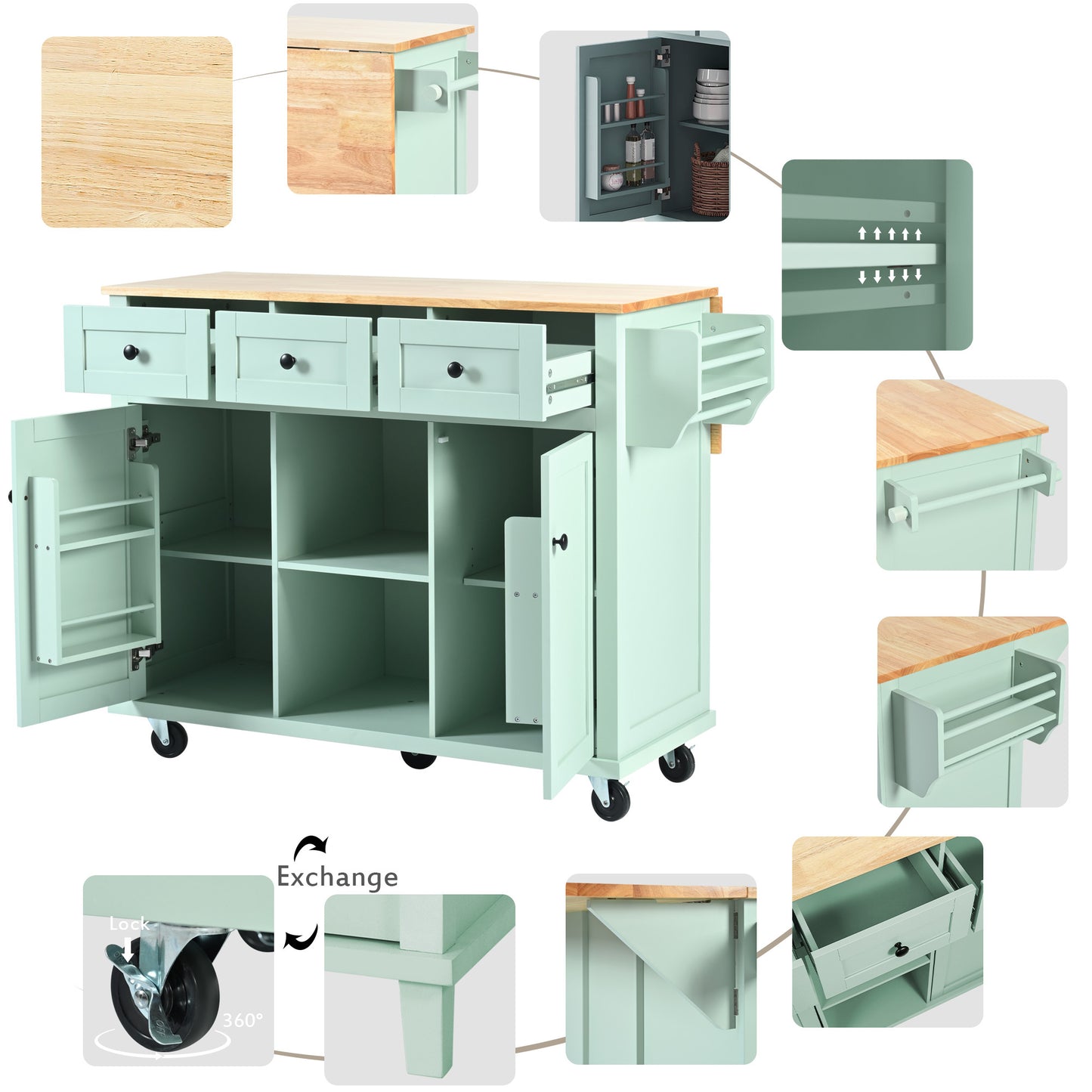 Kitchen Cart with Rubber wood Drop-Leaf Countertop ,Cabinet door internal storage racks,Kitchen Island on 5 Wheels with Storage Cabinet and 3 Drawers for Dinning Room, Mint Green