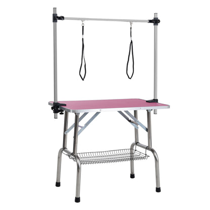 46" Folding Dog Pet Grooming Table Stainless Steel Frame Rubber Mat on Board with Adjustable Arm and Clamps pet dog Cat Grooming Table (PINK COLOR)