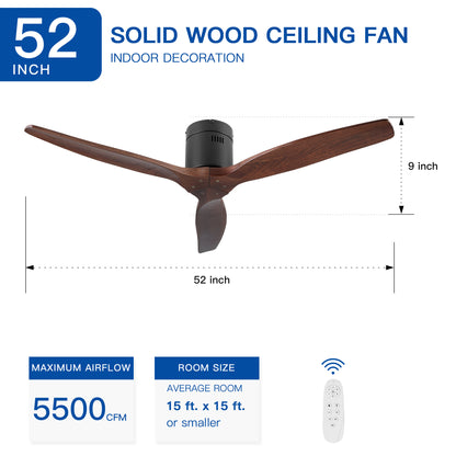 52" YUHAO Farmhouse Rustic Ceiling Fan without Light - Matte Black with Solid Wood Blade