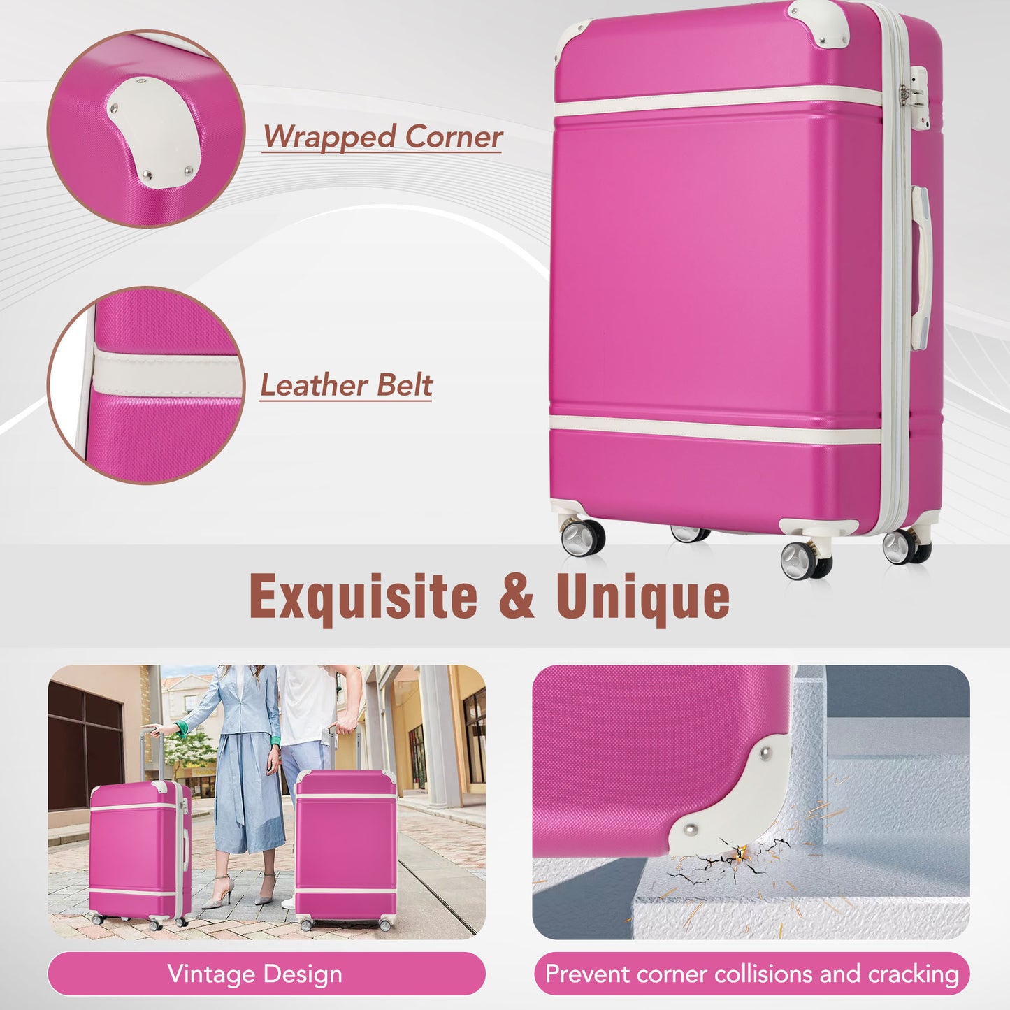 Hardshell Luggage Sets 3 Pieces 20"+24" Luggages and Cosmetic Case Spinner Suitcase with TSA Lock  Lightweight,Pink