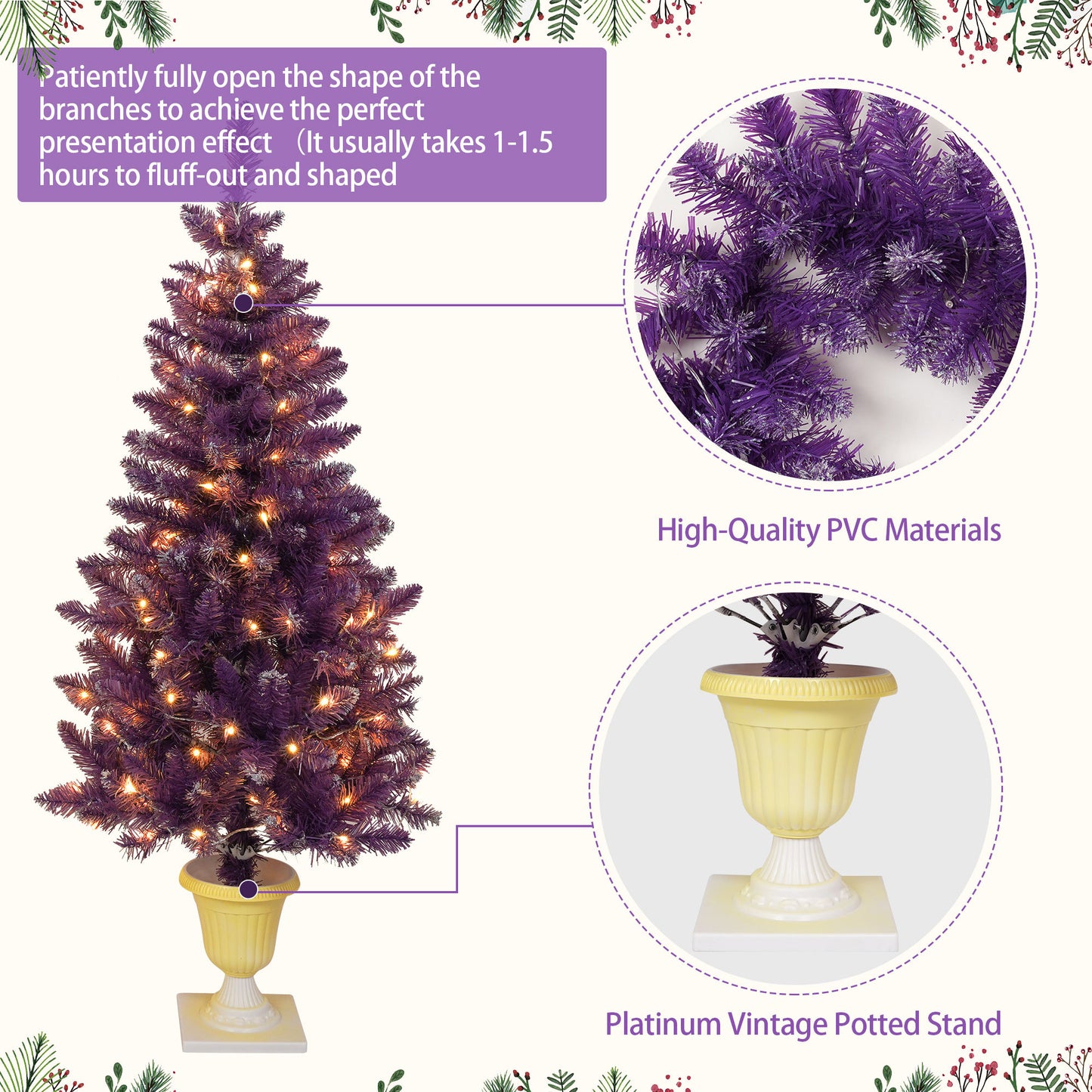 Pre-lit Christmas Artificial Tree 4-Piece Set, Garland, Wreath and Set of 2 Entrance Trees, X-mas with LED Lights, PVC Festival Celebration Set, Purple