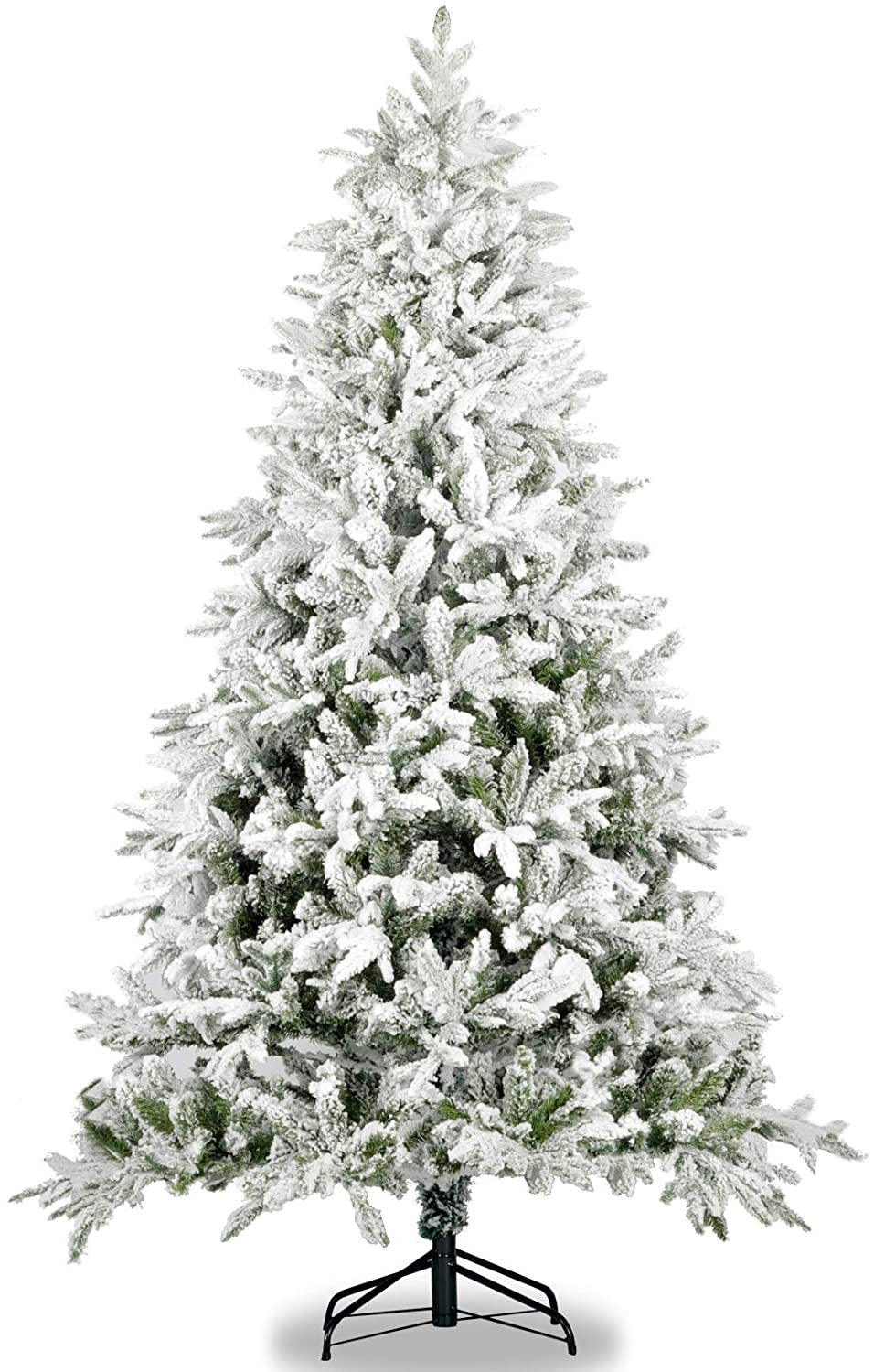 Snow Flocked Christmas Tree 7ft Artificial Hinged Pine Tree with White Realistic Tips Unlit