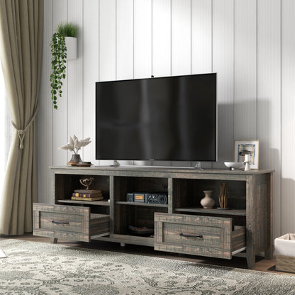 70 Inch Length TV Stand for Living Room and Bedroom, with 2 Drawers and 4 High-Capacity Storage Compartment,  Black Pine