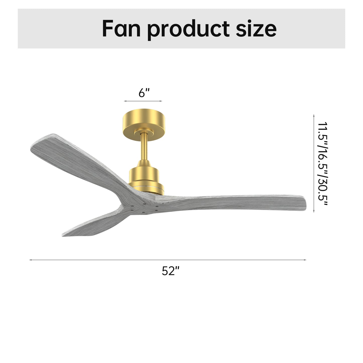 52 Inch Indoor Ceiling Fan Without Light 3 Solid Wood Blades Remote Control Reversible DC Motor