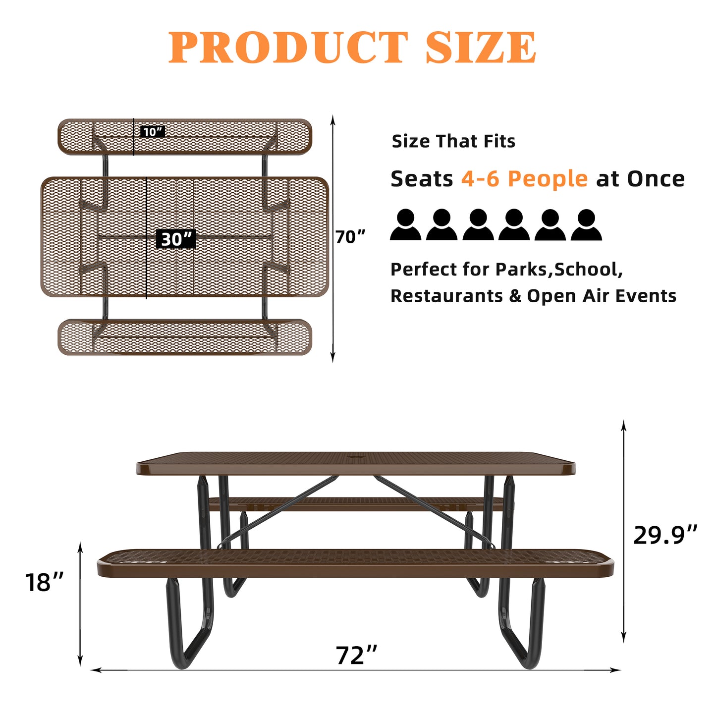 72" Expanded Metal Rectangular Picnic Table, Brown