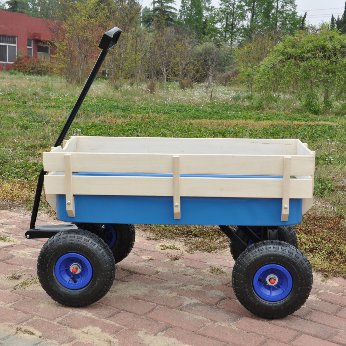 Outdoor Wagon All Terrain Pulling Wood Railing Air Tires Garden Cart