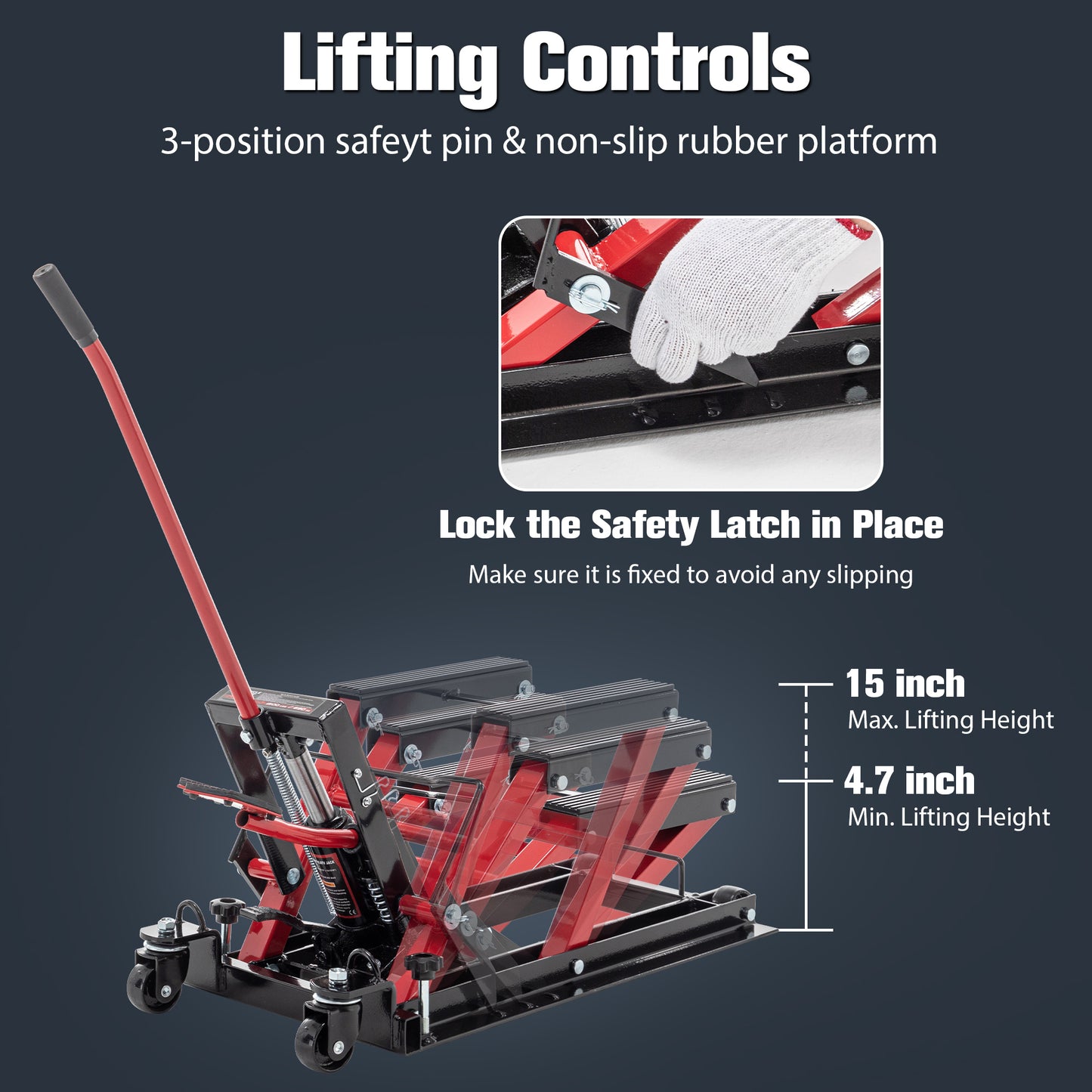 Hydraulic Motorcycle Lift Jack, 1500 LBS Capacity Foot-Operated Motorcycle Lift Table, ATV Scissor Lift Jack with 4.5" - 15" Lifting Range, Portable Motorcycle Lift Table with Wheels