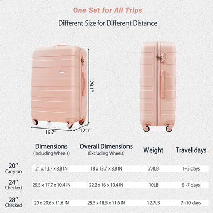 Luggage Sets New Model ABS Hardshell 3pcs Clearance Luggage Hardside Lightweight Durable Suitcase sets Spinner Wheels Suitcase with TSA Lock 20''24''28''( pink)