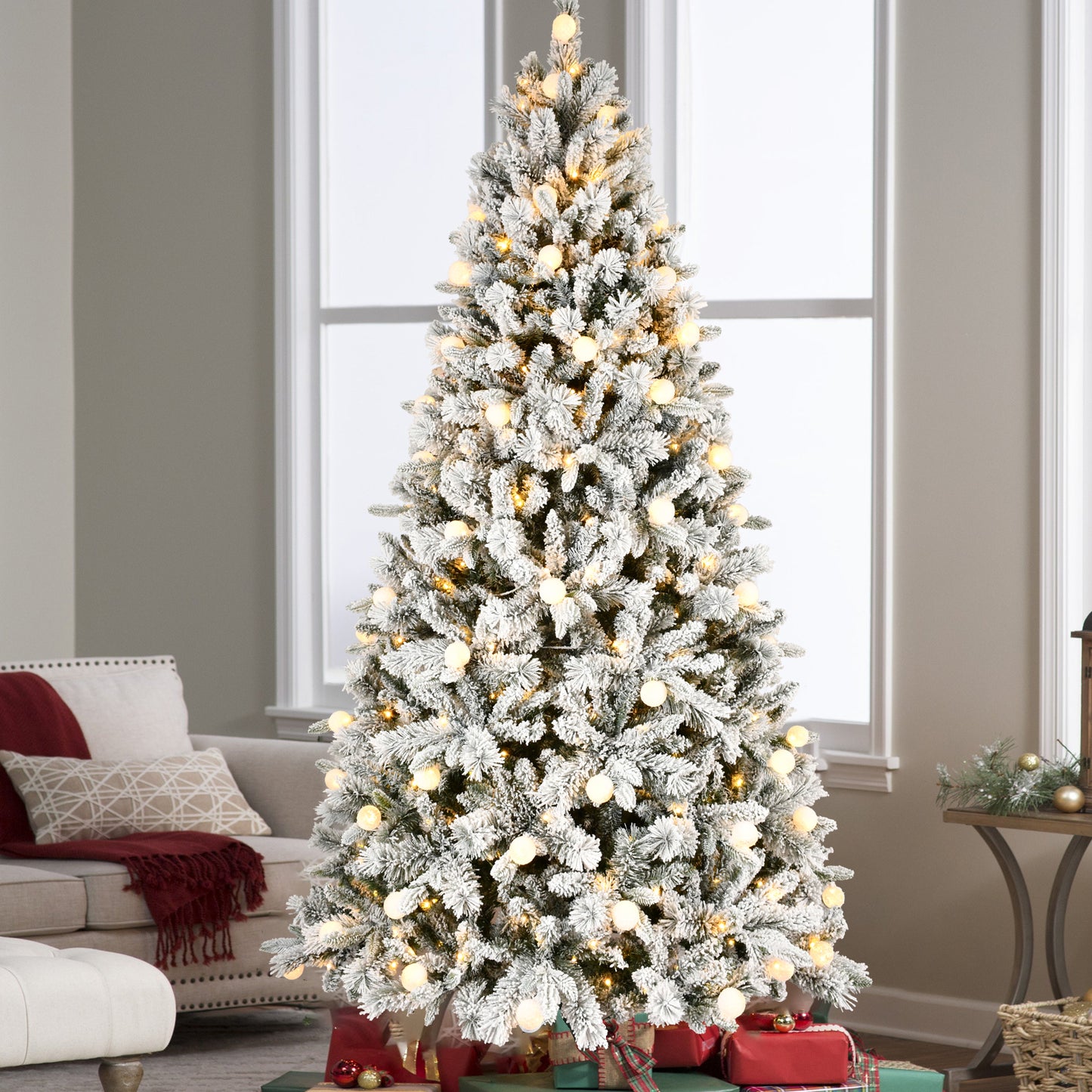 8FT PE+PVC  Floceked Christmas Tree with Easy Power & Memory Wire Technology, 470 Dual-Color LEDs With 10 Function, G45 Bulbs, and 1793 Tips , Innovative Holiday Experience!