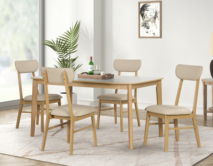 6-piece Dining Table Set, One Table One Bench and Four Chairs, High Gloss White Tabletop With Light Oak Color