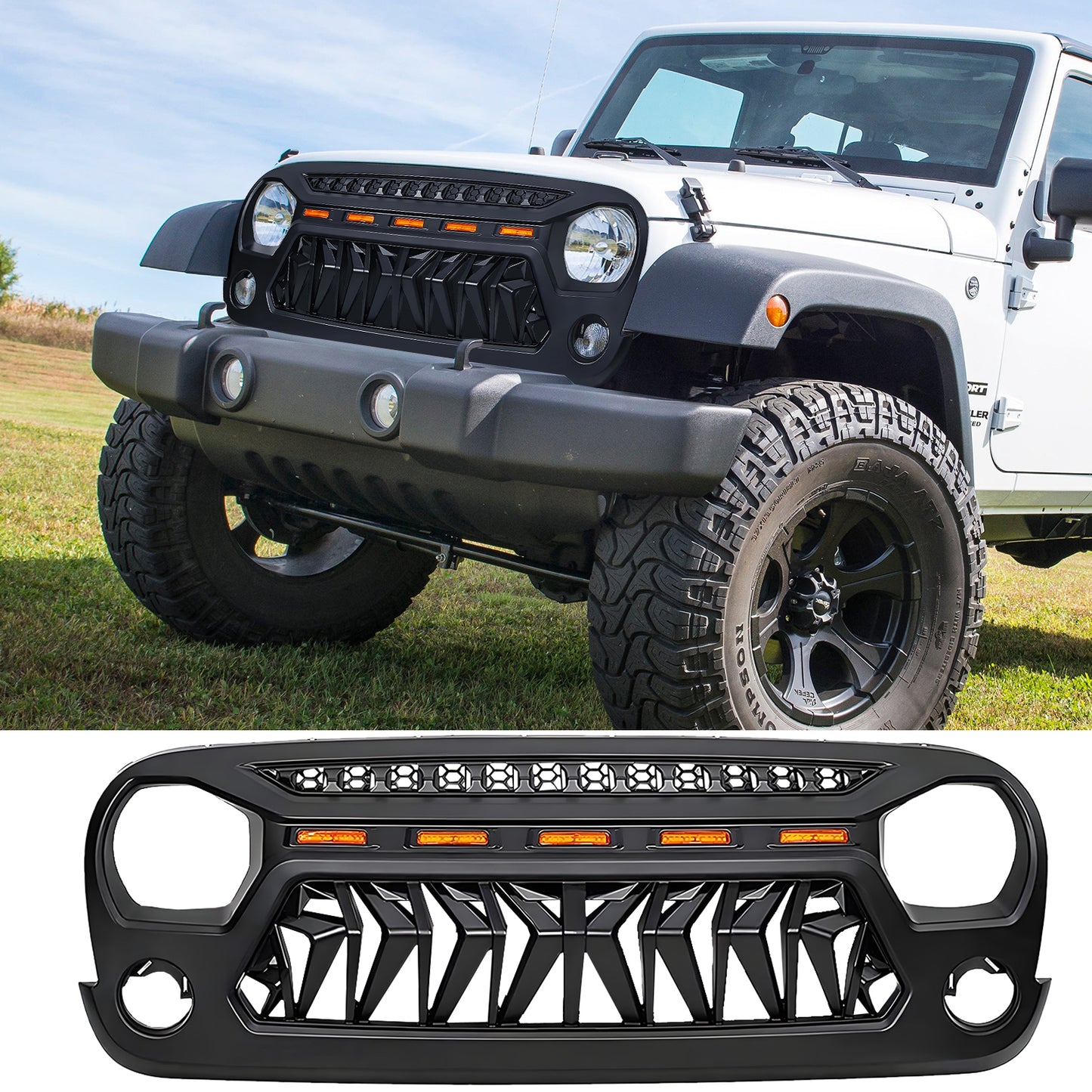 Front Matte Black Shark Grille Replacement Grill For Jeep Wrangler JK 2007-2017 with LED Lights