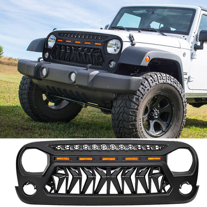 Front Matte Black Shark Grille Replacement Grill For Jeep Wrangler JK 2007-2017 with LED Lights