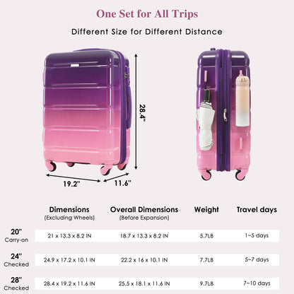 Luggage Set of 3, 20-inch with USB Port, Airline Certified Carry-on Luggage with Cup Holder, ABS+PC Hard Shell Luggage with Spinner Wheels, purple and pink