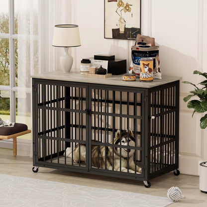 Furniture style dog crate wrought iron frame door with side openings, Grey, 43.3''W x 29.9''D x 33.5''H.