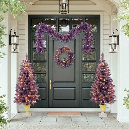 Pre-lit Christmas Artificial Tree 4-Piece Set, Garland, Wreath and Set of 2 Entrance Trees, X-mas with LED Lights, PVC Festival Celebration Set, Purple