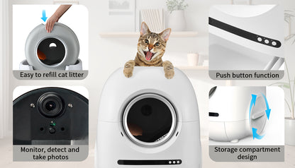 Self-cleaning cat litter box, 68L+9L, suitable for a variety of cat litter, APP control, real-time video, photo and video, safe and reliable, ionic deodorization, with exhaust hose, support WiFi