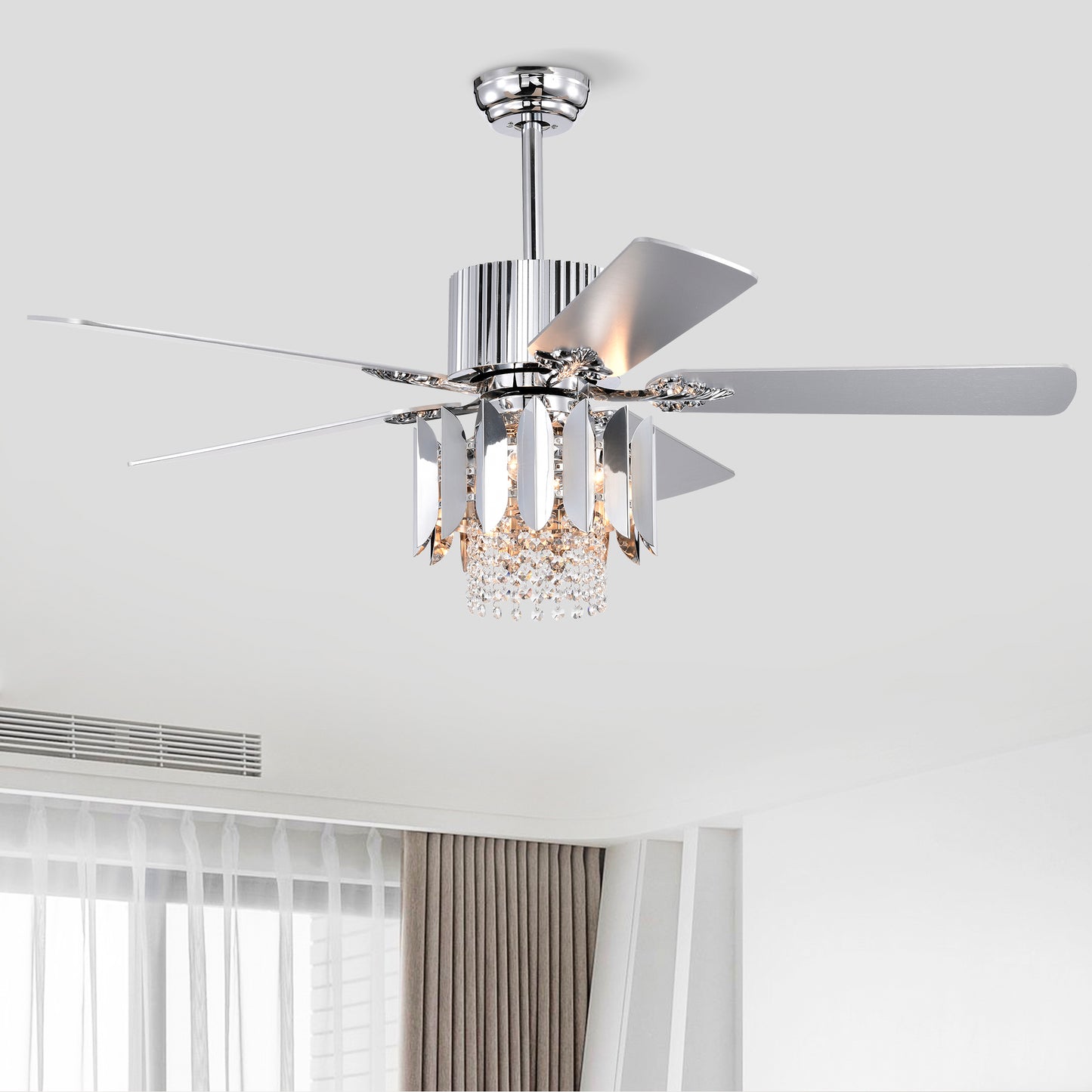 Crystal Ceiling Fan Reversible Blades 3 Wind Speeds Remote Control for Bedroom Living Dining Room --Chrome