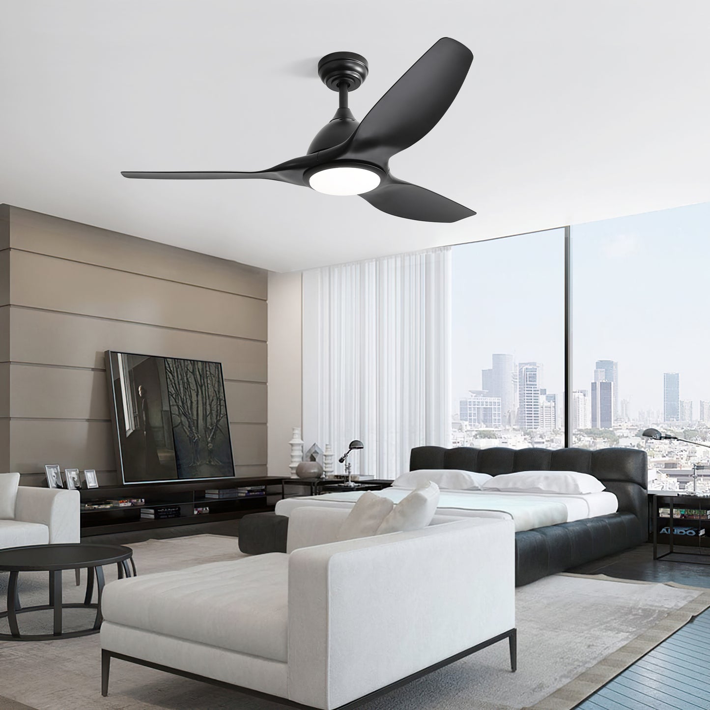 52 Inch Modern Ceiling Fan with 22W LED Light, 3 ABS Fan Blades DC Motor Black Ceiling Fan for Bedroom Living Room