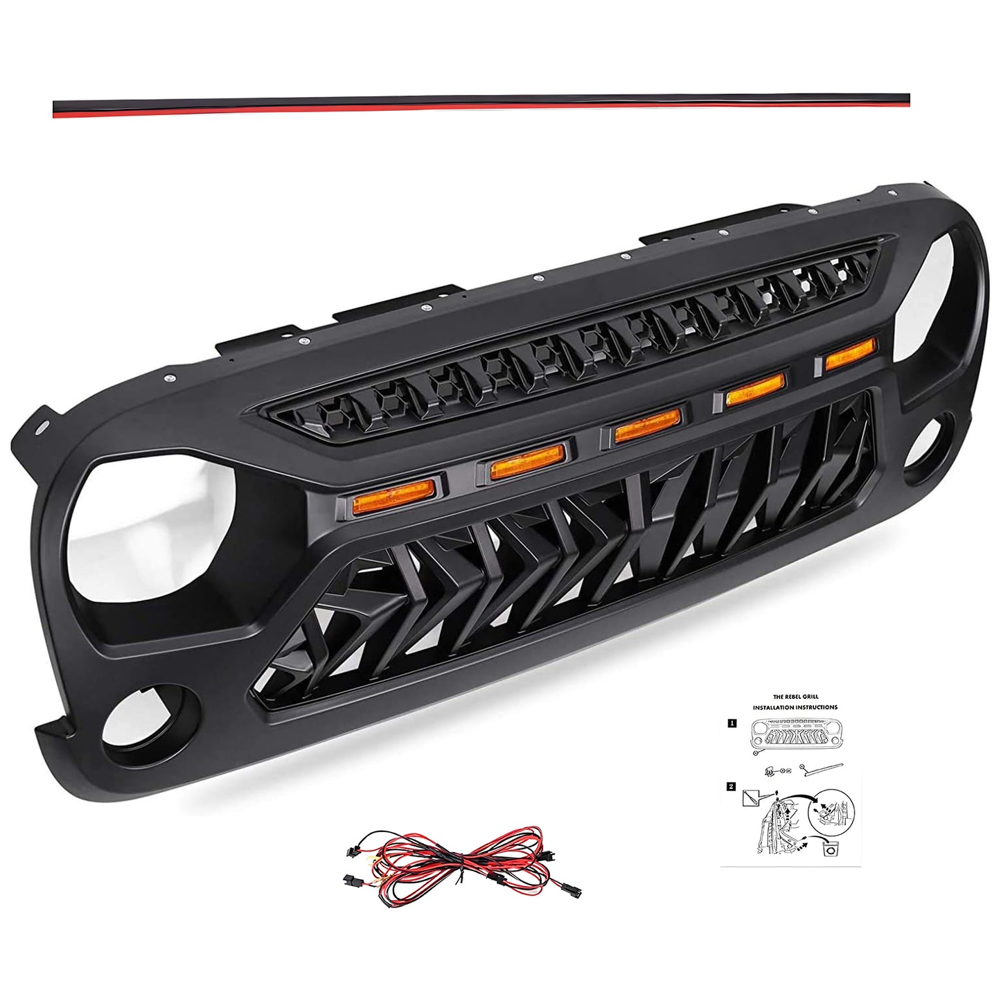 Front Matte Black Shark Grille Replacement Grill For Jeep Wrangler JK 2007-2017 with LED Lights