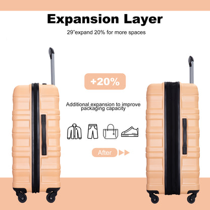 Expandable 3 Piece Luggage Sets PC Lightweight & Durable Suitcase with Two Hooks, Spinner Wheels, TSA Lock, (21/25/29) Peach