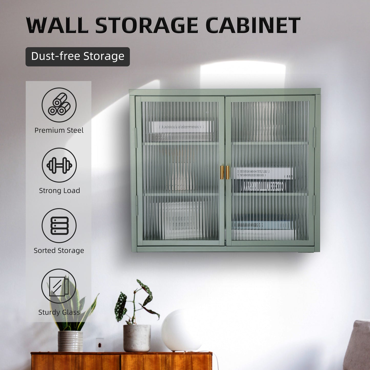 Retro Style Haze Double Glass Door Wall Cabinet With Detachable Shelves for Office, Dining Room,Living Room, Kitchen and Bathroom Mint Green(=OLD ITEM CODE W68751725)