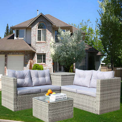 4 Piece Patio Sectional Wicker Rattan Outdoor Furniture Sofa Set with Storage Box Grey