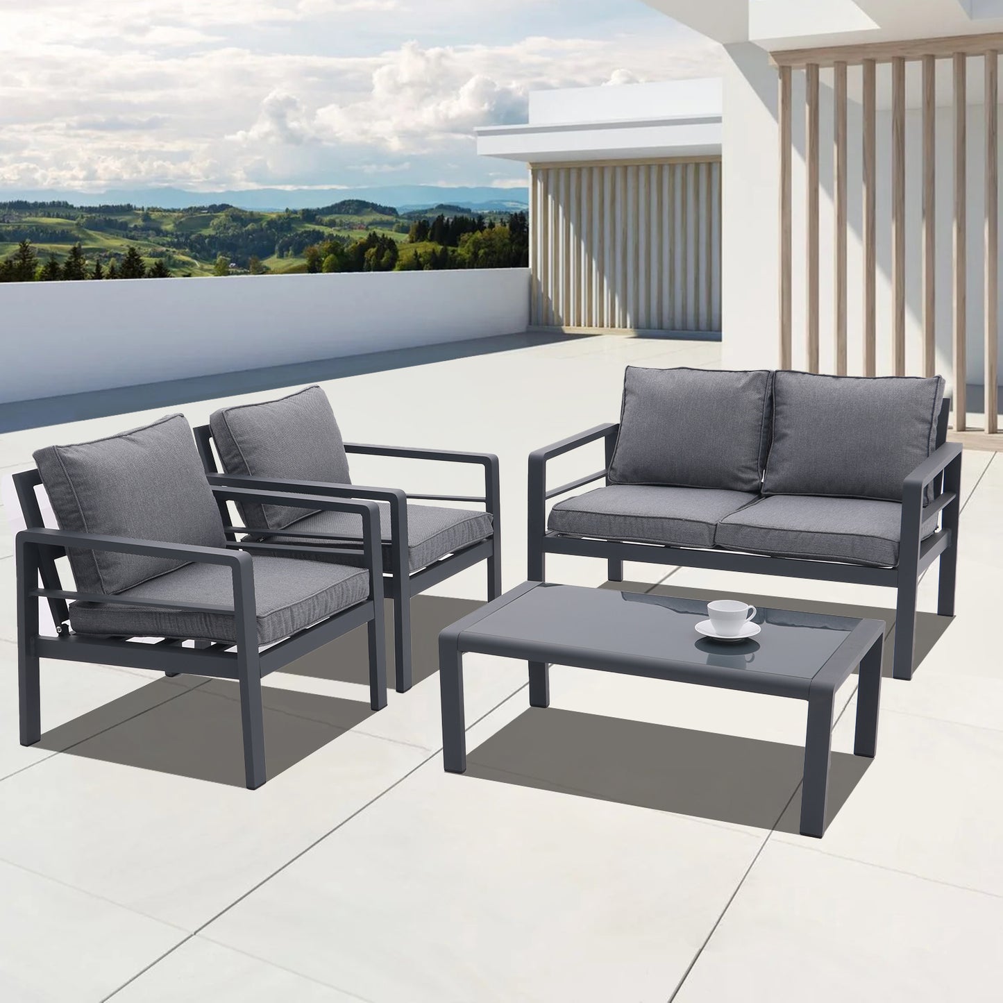 4-piece Aluminum Outdoor Patio Conversation Set,All-Weather Sectional Sofa Outside Furniture with  Removable Cushions and Tempered Glass Coffee Table for Courtyard,Poolside,Deck,Balcony(Grey)