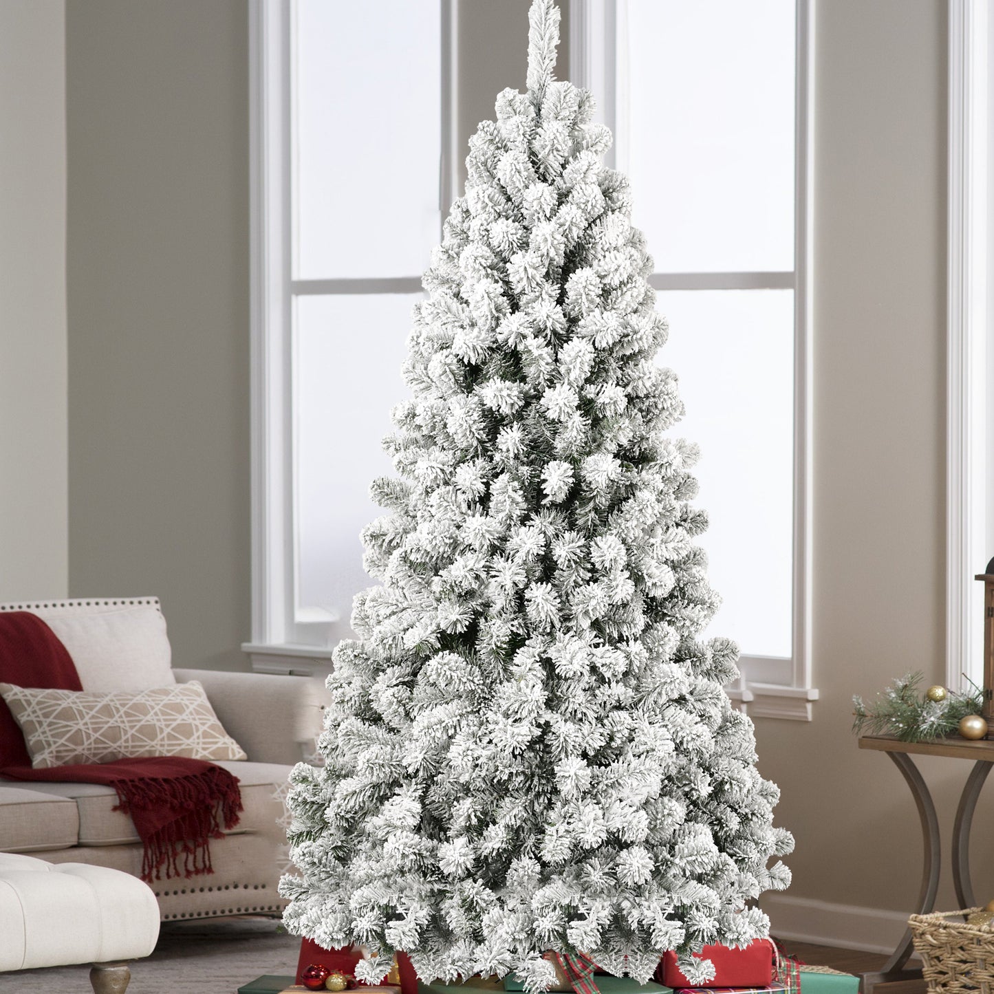 6FT Pre-lit Flocked Christmas Tree with 760 Memory Wire Tips – Effortlessly Fluffed, Perfectly Shaped, and Lit with 300 Warm  Incandescent Lights Bringing Lasting Elegance and Wase to Your Holiday