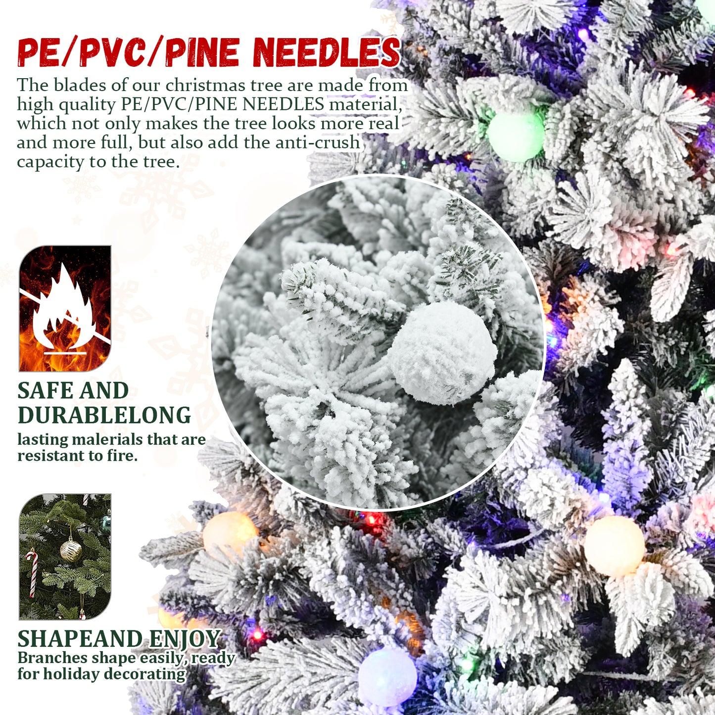 8FT PE+PVC  Floceked Christmas Tree with Easy Power & Memory Wire Technology, 470 Dual-Color LEDs With 10 Function, G45 Bulbs, and 1793 Tips , Innovative Holiday Experience!