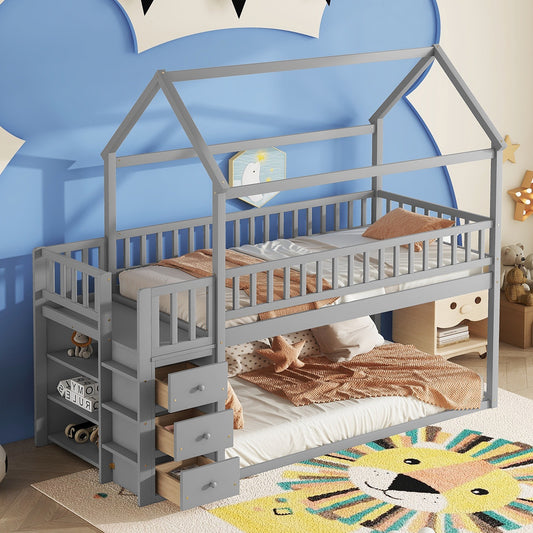 TWIN/TWIN HOUSE BUNK BED WITH SHELVES AND DRAWERS FOR GREY COLOR