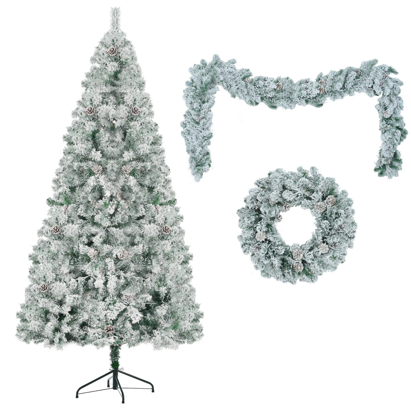 6FT Snow Flocked Christmas Tree, Pre-Lit Set with Tree & Garland & Wreath, Artificial Hinged Xmas Tree with Colorful LED Lights, 8 Lighting Modes, Pine Cones, Holiday Décor for Home