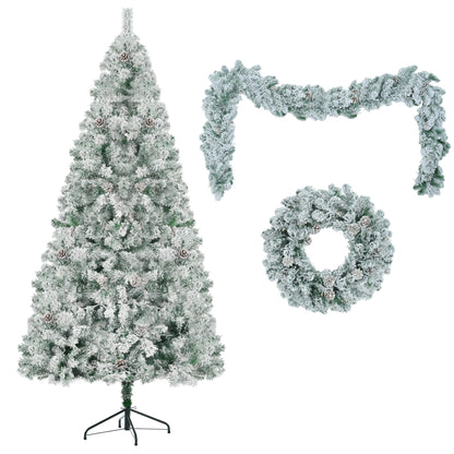 6FT Snow Flocked Christmas Tree, Pre-Lit Set with Tree & Garland & Wreath, Artificial Hinged Xmas Tree with Colorful LED Lights, 8 Lighting Modes, Pine Cones, Holiday Décor for Home