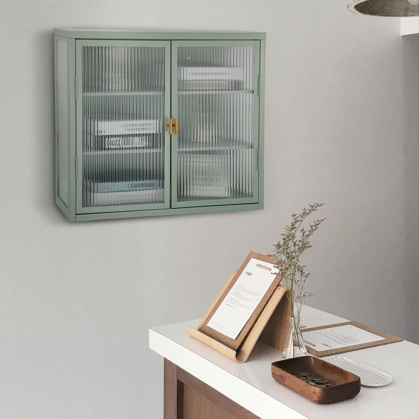 Retro Style Haze Double Glass Door Wall Cabinet With Detachable Shelves for Office, Dining Room,Living Room, Kitchen and Bathroom Mint Green(=OLD ITEM CODE W68751725)