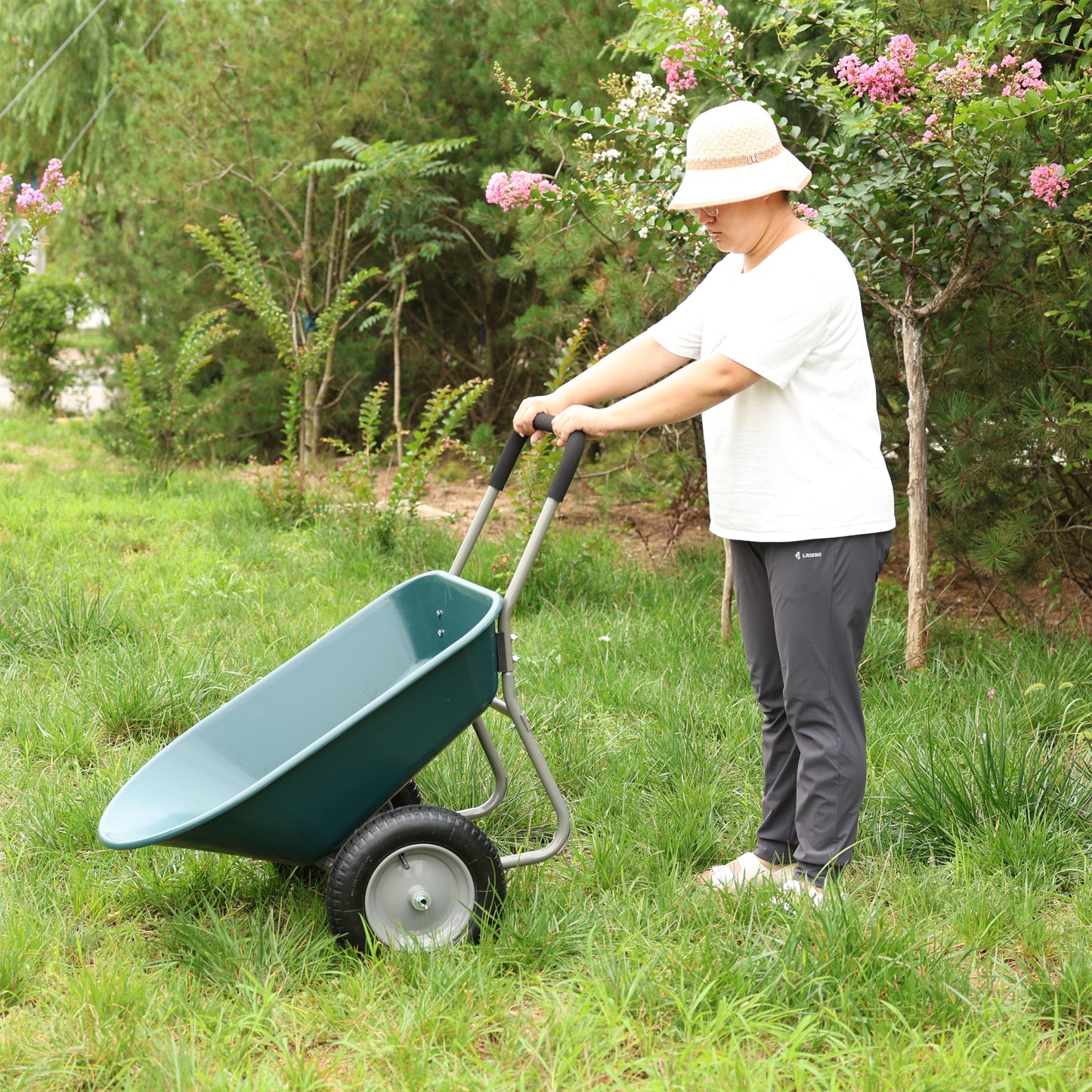 wheel barrow Two wheeled trolley for green garden 15 inch pneumatic wheel WB1001GN