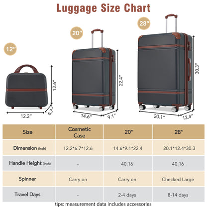 Hardshell Luggage Sets 3 Pieces 20"+28" Luggages and Cosmetic Case Spinner Suitcase with TSA Lock  Lightweight,Black