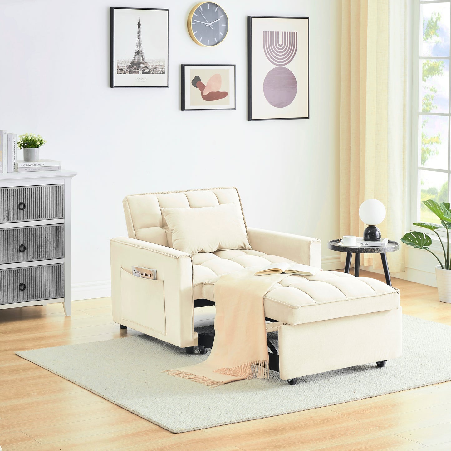 Sofa bed chair 3 in 1 convertible, recliner, single recliner, suitable for small Spaces with adjustable back black creamy white