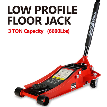 Hydraulic Low Profile and Steel Racing Floor Jack with Dual Piston Quick Lift Pump,3 Ton (6600 lb) Capacity,  Lifting range 3.3"-18.5"