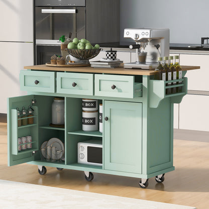 Kitchen Cart with Rubber wood Drop-Leaf Countertop ,Cabinet door internal storage racks,Kitchen Island on 5 Wheels with Storage Cabinet and 3 Drawers for Dinning Room, Mint Green