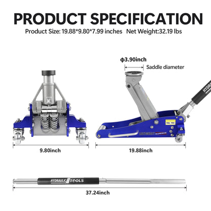 Hydraulic Low Profile Aluminum and Steel Racing Floor Jack with Dual Piston Quick Lift Pump, 1.5 Ton (3,000 lb) Capacity, Blue