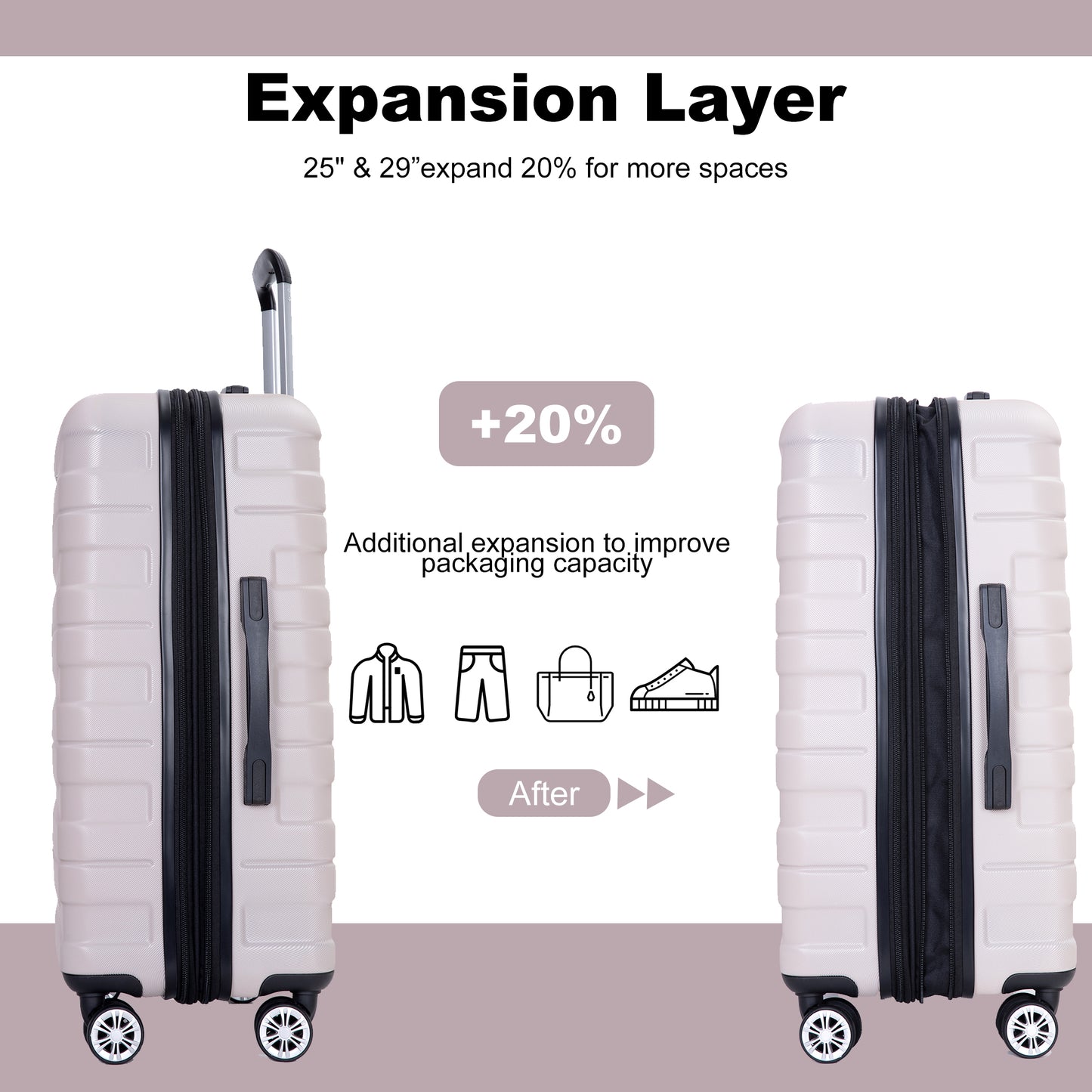 3 Piece Luggage Sets PC Lightweight & Durable Expandable Suitcase with Two Hooks, Double Spinner Wheels, TSA Lock, (21/25/29) Sand