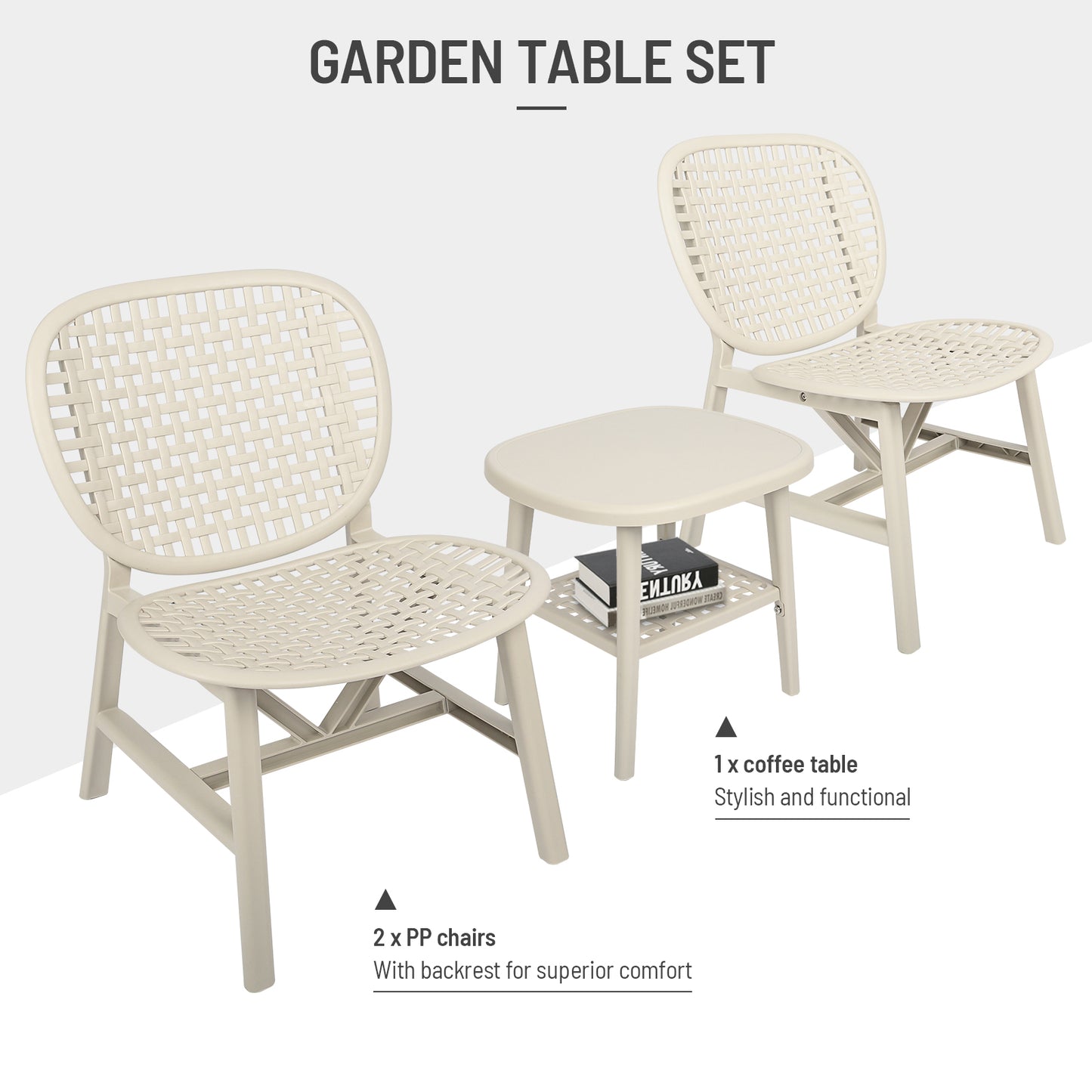 3 Pieces Hollow Design Retro Patio Table Chair Set All Weather Conversation Bistro Set Outdoor Table with Open Shelf and Lounge Chairs with Widened Seat for Balcony Garden Yard White